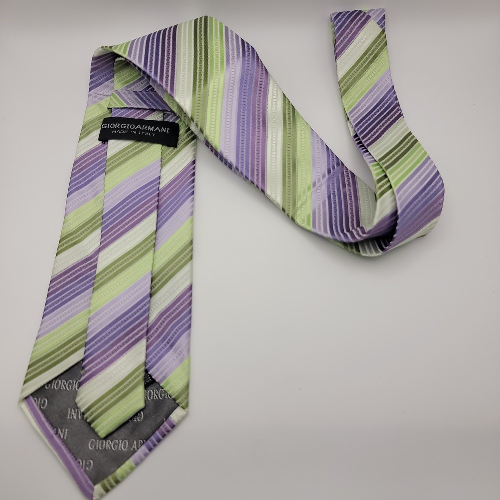 Giorgio Armani Silk Jacquard‎ Stripe Tie Purple Green Handmade Italy Classic - Picture 5 of 6